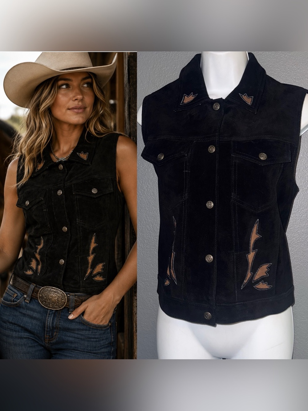Agapo Women's Black Suede Sleeveless Western Style Vest size Medium
